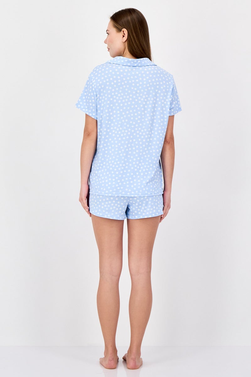 NINE WEST Women 2 Pieces Polka Dots Shirt And Shorts Pajama Set, Blue - Image 4